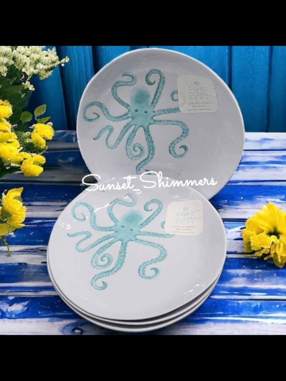 4 Sigrid Olsen Blue Octopus Sealife Indoor Outdoor Melamine Dinner Plate Set New